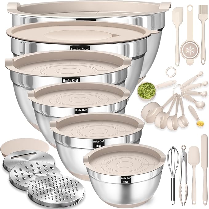 Mixing Bowls with Airtight Lids Set 26PCS Stainless Steel Khaki Bowls with Grater Attachments Non-Slip Bottoms &amp Kitchen Gadgets Set Size 7 4 2.5 2.01.5 1QT Great for Mixing &amp Serving