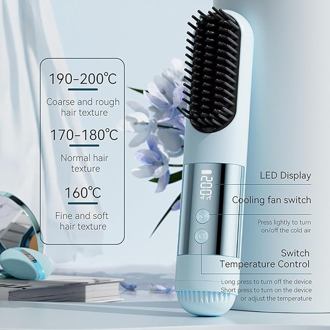 Upgraded Go Brush - Pro for Short Hair 3 Heat Settings for All Hair Types 30s Fast Heat Ionic &amp Ceramic Care Cold Air Mode 2500mAh USB-C Rechargeable Straightening Brush (A-Blue)