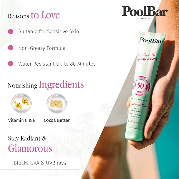 PoolBar SPF 50 Hydrating Mineral Body Sunscreen Cream for Women and Men Skin Care - Coconut Vanilla Scent Sun Care Vegan and Water Resistant Broad Spectrum Sunscreen 130 ml (4.3 Fl. Oz) (Pack of 3)