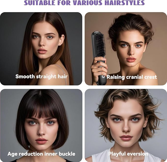 Cordless Hair Straightener Brush 7.8 Mini Hair Straightener with LCD Temperature Display Portable Hair Straightener Comb for Travel Negative Ionic Brush Straighteners for Women (White)