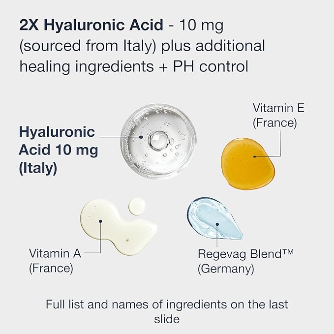 10 mg Hyaluronic Acid 10 inserts. Long lasting Feminine Moisturizer. Extra strenghts for dryness. With Vitamin A E Lactic Acid. Women-owned. Made in Italy
