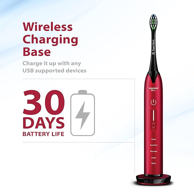 Wagner Stern Ultrasonic whitening Toothbrush with Pressure Sensor. 5 Brushing Modes and 4 Levels of Intensity 8 Soft bristles Travel case.