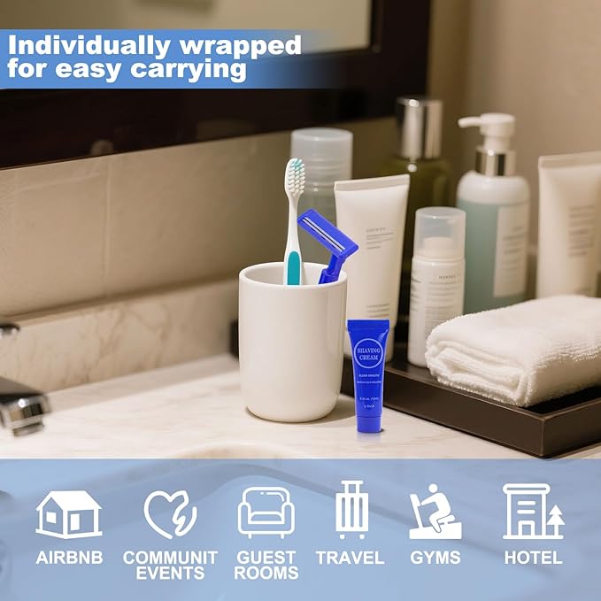 Disposable Razor Shaving Cream Set Individually Wrapped Manual Twin Blade Shaving Razors in Bulk with Mini Smooth Shaving Cream Toiletries for Hotel Charity Camping Travel Homeless 0.34oz (100 Pack)