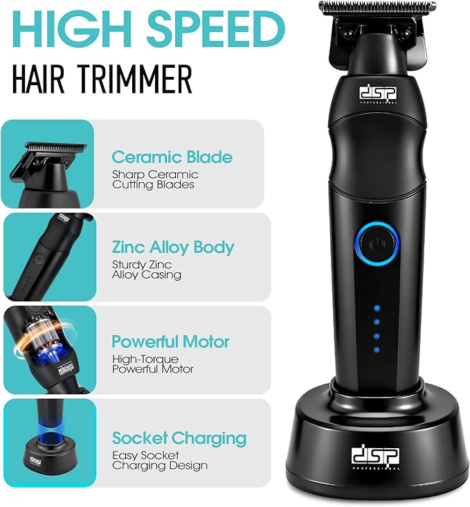 DSP Professional Hair Trimmer for Men Beard Mustache Cordless Trimmer Indicator Light with Charge Base Zinc Alloy Body Low Noise Zero Gapped Edgers Trimmer (Black)