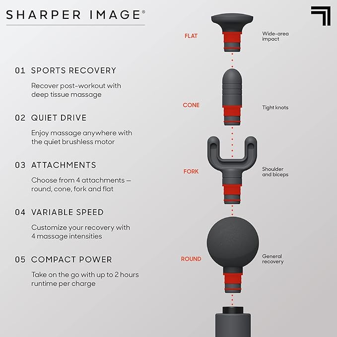 Sharper Image Powerboost Move - Mini Percussion Massage Gun| 4 Attachments 4 Speeds FSA Eligible| Full Body Back &amp Shoulder Massager| Deep Tissue Muscle Recovery| Portable Pain Relief Massage To