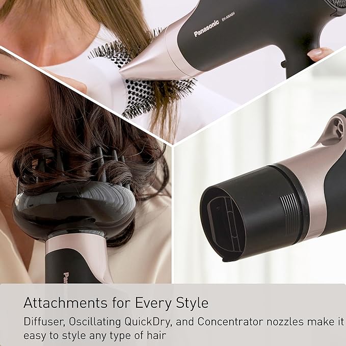 Panasonic Nanoe Salon Hair Dryer Oscillating QuickDry Nozzle Blow Dryer with Diffuser Concentrator Attachments 3 Speed Heat Settings for Styling and Healthy Hair - EH-ANA6HN (Black/ Pink Gold)