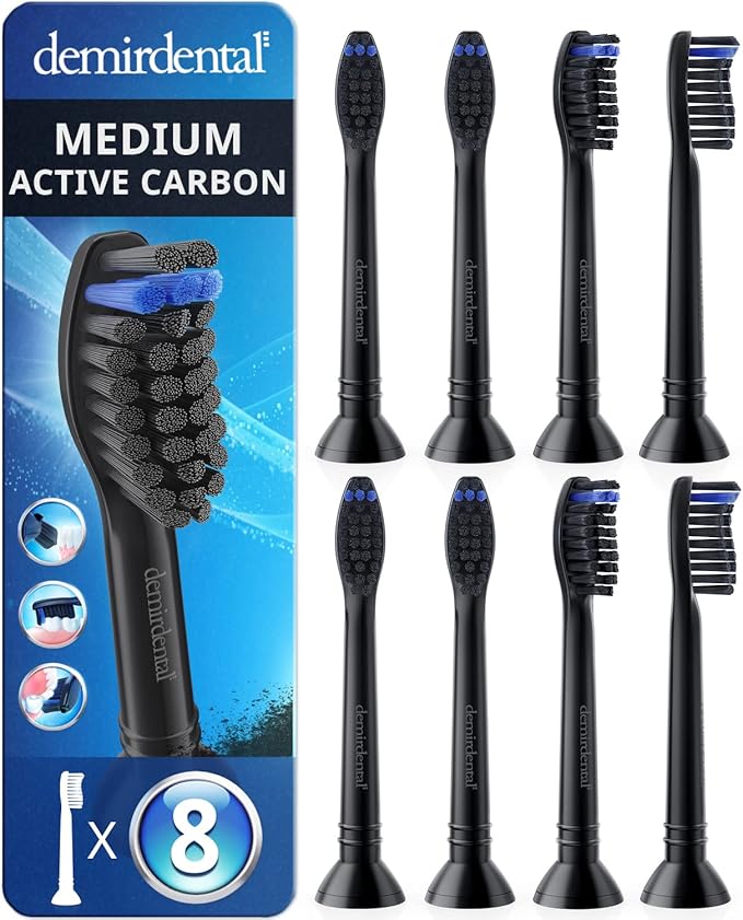 demirdental Active Charcoal Medium Replacement Brush Heads Compatible with Philips Sonicare – Black Toothbrush Heads for Natural &amp Precision Cleaning – Replaces HX9058MB – 8 Pack
