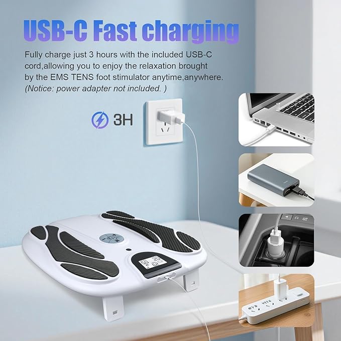 FSA EMS Foot Massager-Electronic Muscle Stimulator Relief for Neuropathy Plantar Fasciitis &amp Foot Pain- 10 Modes 20 Intensities Remote - Rechargeable Silent Operation