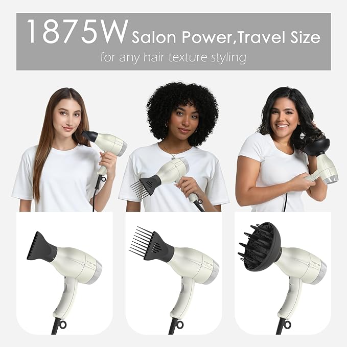 TOME Hair Dryer with Diffuser 1875W Ionic Blow Dryer with Comb Attachment and Concentrator for Home Use Fast Drying with Cool Shot and 2 Heat &amp 2 Speed Settings 125V White