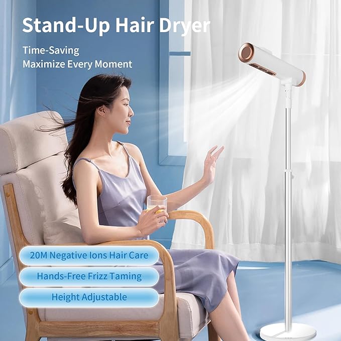 Adjustable Standing Hair Dryer Hands-Free Vertical Blow Dryer with Cool/Hot Air Settings Space-Saving Design for Bathroom Salon &amp Home Use - Includes Diffuser &amp Concentrator