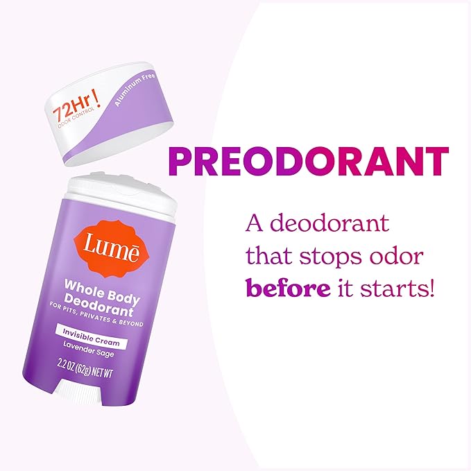 Lume Deodorant Cream Stick - Underarms and Private Parts - Aluminum-Free Baking Soda-Free Hypoallergenic and Safe For Sensitive Skin - 2.2 Ounce (Pack of 2) (Lavender Sage)