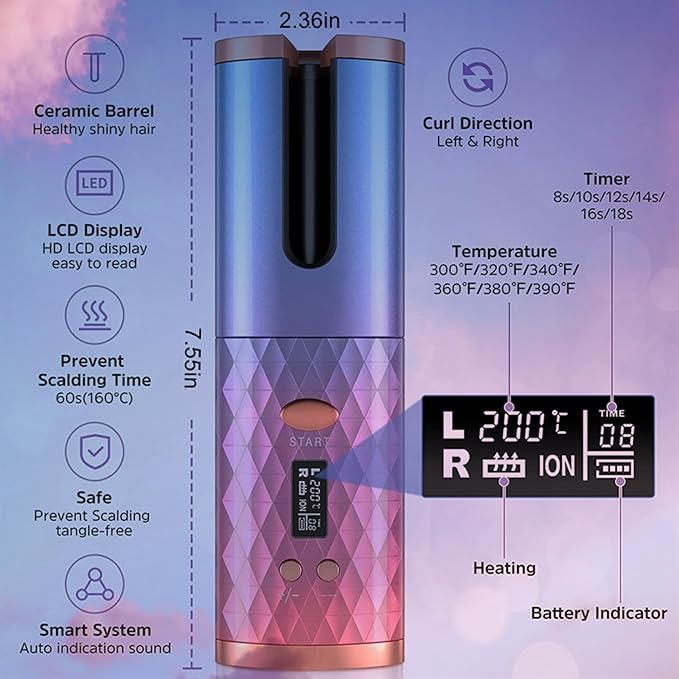 Automatic Curling Iron Wireless Auto Rotat Ceramic Hair Curler Cordless Automatic Hair Curler with LCD Display 6 Temps and Timers USB Charging Auto Shut-Off Create Stunning Curls