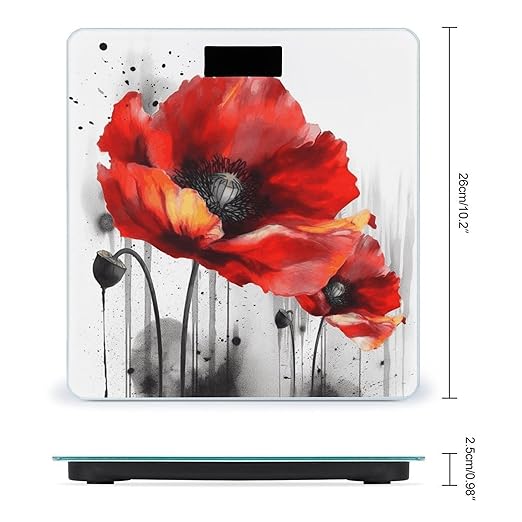 Beautiful Poppy Flower Ink Scale for Body Weight Safe Rounded Corners Tempered Glass Digital Bathroom Scale LED Display 400lb Capacity Weight Scales with High Precision Sensors