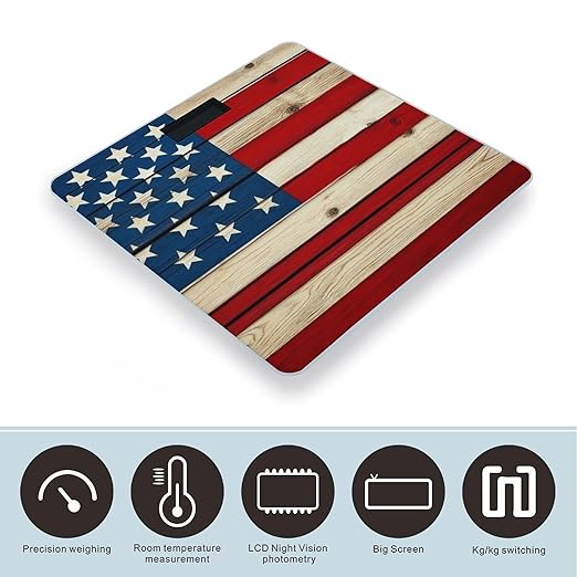 Men's Smart Scale for Body Weight Digital Bathroom Weighing Scale Automatic Switch Energy Saving Scale Vintage Wooden American Flag