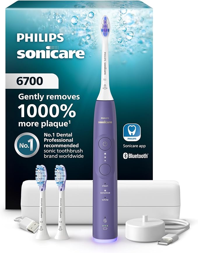 Philips Sonicare 6700 Series Electric Toothbrush - Next-Generation Sonicare Technology Pressure Sensor 9 Brushing Settings SmarTimer BrushPacer 21-Day Runtime Travel Case Purple HX7417/04