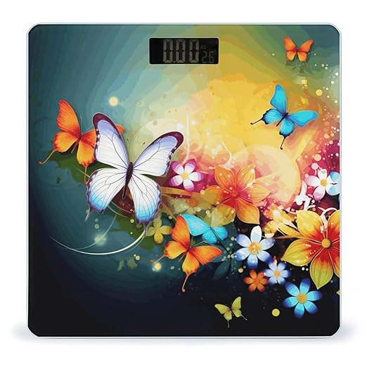 Colorful with Butterfly Scale for Body Weight Safe Rounded Corners Tempered Glass Digital Bathroom Scale LED Display 400lb Capacity Weight Scales with High Precision Sensors