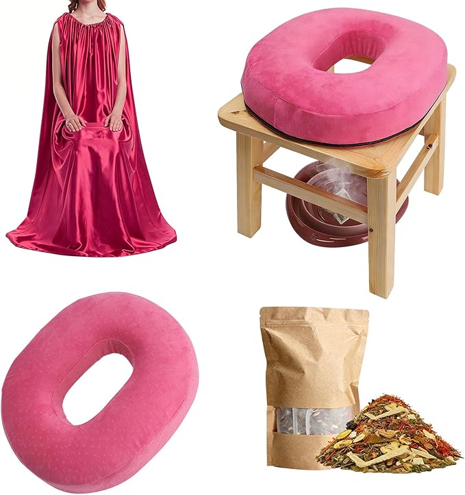 Steaming Seat Kit for Women | Wooden Stool with Silk Gown &amp Cushion Herbal Sitz Bath Blend &amp Basin for Feminine Carefor Pelvic Comfort &amp Postpartum Recovery