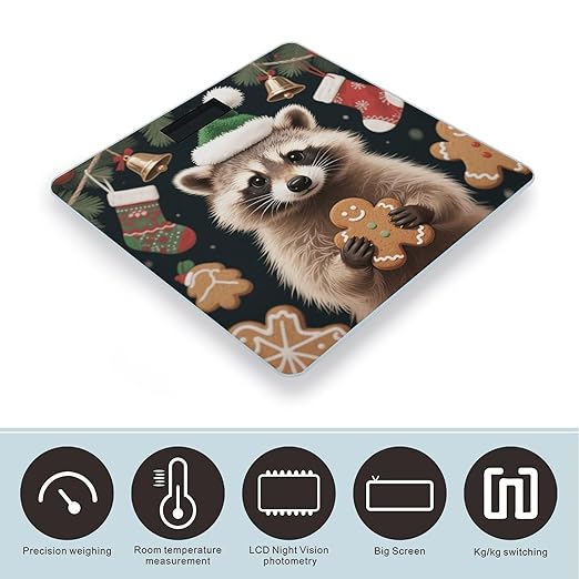 Christmas Raccoon Scale for Body Weight Sturdy Tempered Glass Weighing Scales with LCD Display Accurate Digital Bathroom Scale Convenient Body Fat Smart Scales Easy Read