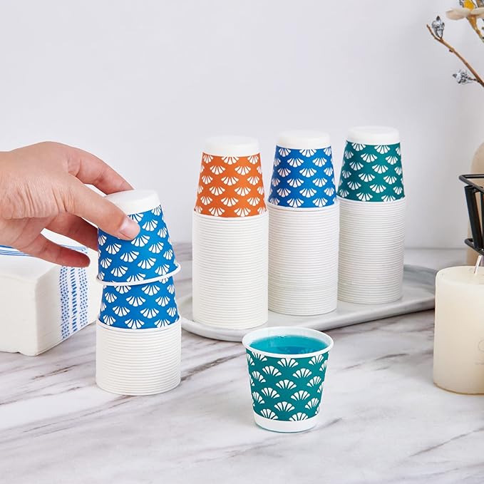 JollyPack 1200 Pack 3 oz Disposable Bathroom Paper Cups Small Mouthwash Cups in Orange Blue and Green Great for Candy Biscuits Bathroom Use Parties Picnics and Travel
