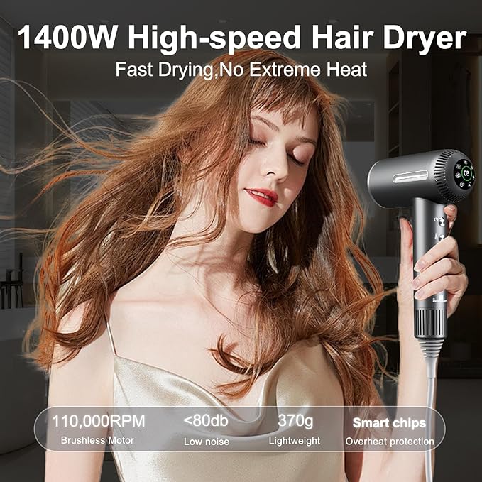Hair Dryer Negative Ionic Blow Dryer with 11000RPM High-Speed Motor for Fast Drying Low Noise Thermo-Control Lightweight Portable Hairdryer with Magnetic Nozzle for Home Travel