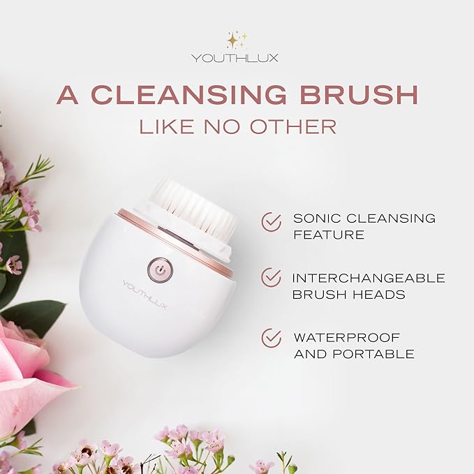 YouthLab Pure Radiance Vibrating Facial Cleansing Brush Electric 3 Modes 3 Brush Heads (2 Bristle1 Silicone) Waterproof Rechargeable Smart Timer Exfoliating Massage (Rose Gold)
