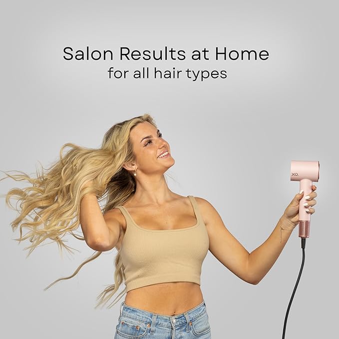 Ionic Hair Dryer with Diffuser for Curly Hair Quiet Professional Fast Drying Blow Dryer for Thick Hair with 2 Magnetic Attachments for Home Salon or Travel Tri Technology XO - Rose Gold/Pink