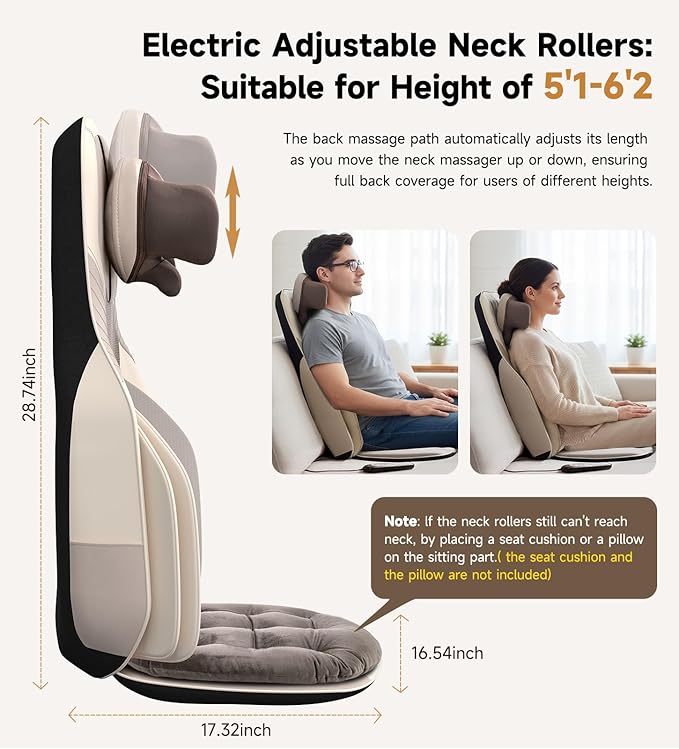Elite Shiatsu Back &amp Neck Massage Chair Pad/Seat Cushion with Heat – 4D Kneading Vibration Compression Motorized Neck Height Lumbar Airbag Massage Premium Upholstery Deep Tissue Office Gra