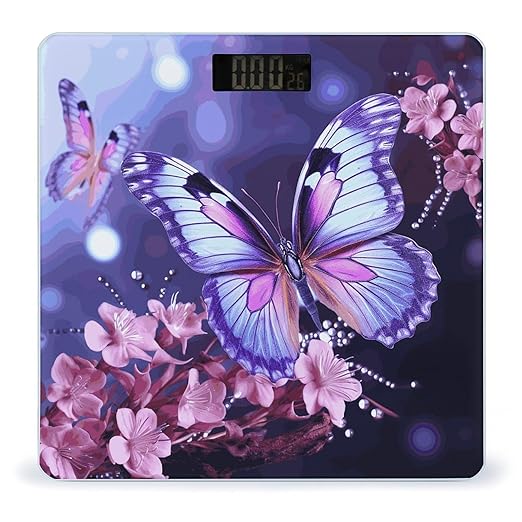 Digital Bathroom Scale for Body Weight Scale with Bright LCD Display High Accuracy Step-On Technology Auto On/Off Purple Butterfly Digital Scales 400 Lbs /180kg
