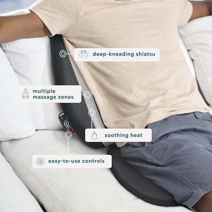 HoMedics Shiatsu Massage Cushion with Soothing Heat Deep-Kneading Massage Targets Pressure Points All Over Back Soothing Heat Relax Overworked Muscles Release Tension Reduce Back Pain