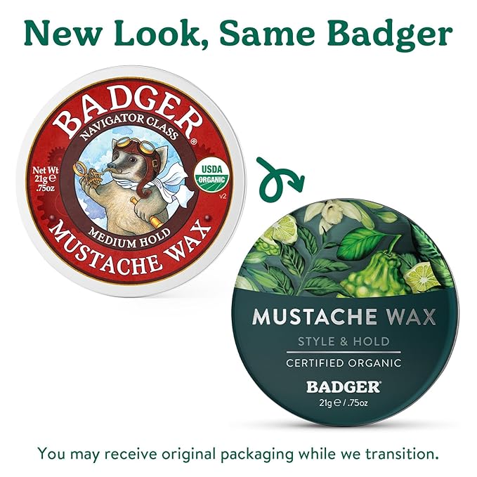 Badger Mustache Wax Medium Hold Light Masculine Scent Easy to Apply Certified Organic Versatile Moustache &amp Beard Wax .75 oz Tin 2-Pack