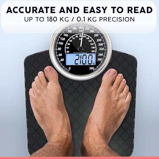 Adamson Hybrid 2-in-1 Analog &amp Digital Weighing Scale for Body Weight up to 400lbs + Thick Tempered Glass + Extra Large Display + Easy to Read Digital Bathroom Scale + New Version - Black Diamond