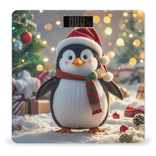 Christmas Funny Penguin Bathroom Scale for Body Weight Bathroom Digital Electronic Weighing Scale with Back Lit LED Display Sturdy Tempered Glass Weight Watchers Scales 400lb