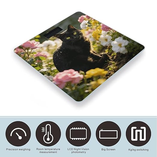 Black Cat in Flower Garden Weight ScaleClear LED Display Bathroom Digital Weighing ScaleTempered Glass Digital Bathroom Scale for Body Weight Capacity Up to 400 Lbs