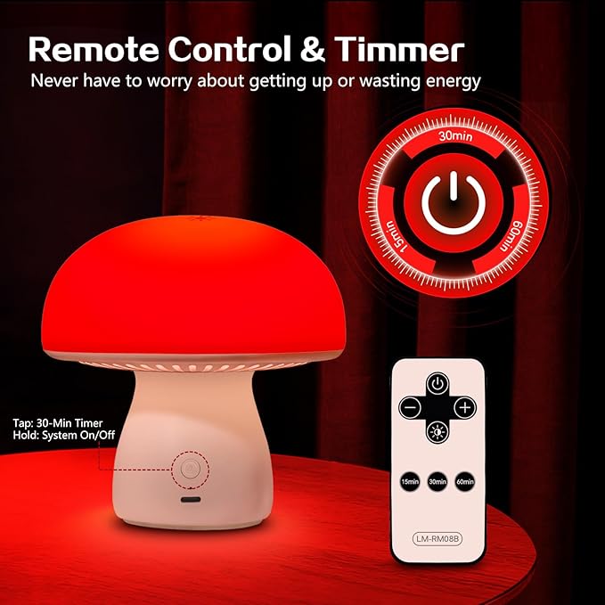 PowerTalk 670nm Red Light Lamp for Bedroom Sleep Dimmable Mushroom Red Night Light with Timer Remote &amp Touch Control for Baby Kids Adults - Portable and Rechargeable[2026 Upgrated Red Light Ther