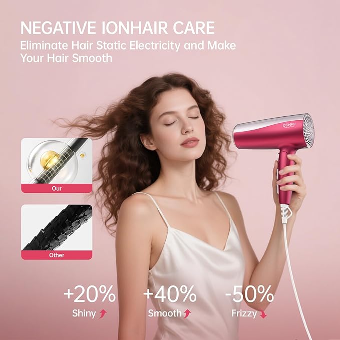 CONFU Professional 1875W Hair Dryer Foldable Blow Dryers Ceramic Tourmaline Hair Dryer Fast Drying Hairdryer with Concentrator 2 Speed and 3 Heat Setting for Curly and Straight Hair