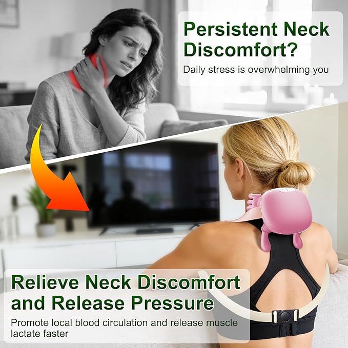 Neck Massager Neck and Back Massager with Heat &amp 4D Kneading Shiatsu Deep Tissue Wireless Massager for Shoulder Cervical Pain Relief Portable Rechargeable for Home Office (Pink)