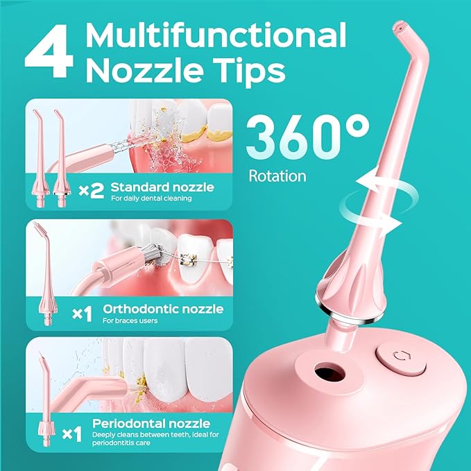 COSLUS C50 Portable Water Flosser for Teeth: 4 Modes &amp 5 Intensity Levels Professional Electric Dental Pick for Sensitive Gums Braces &amp Orthodontic - Cordless for Travel Use BPA-Free