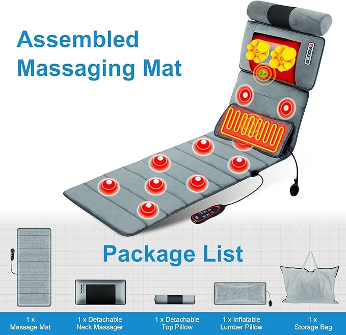 Full Body Electric Massage Mat with Heat 10 Vibration Motors 3 Timers Vibration Massage Pad for Bed Back Mattress Chair Pad with Neck Massager Lumbar Pillow