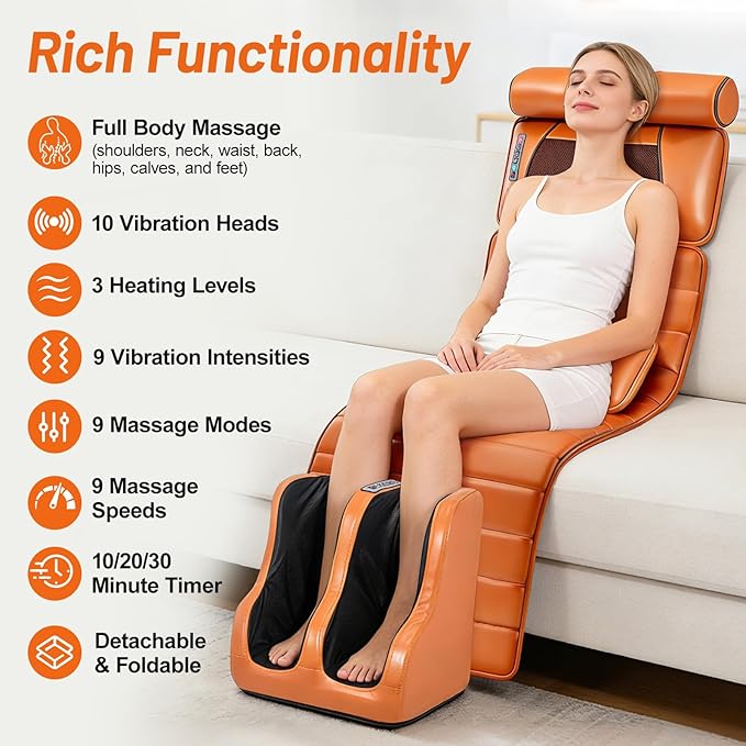Full Body Massage Mat with Foot Massager Shiatsu Vibration Massage Pad with Heat Detachable Neck Pillow Airbag Lumbar Support &amp Remote Control for Back Waist Legs and Feet