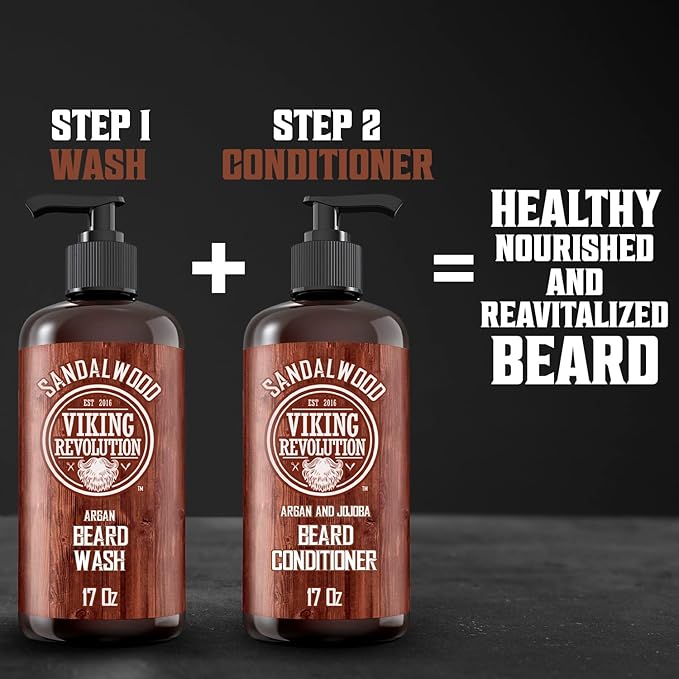 Viking Revolution Beard Wash Shampoo w/Argan &amp Jojoba Oils - Softens &amp Strengthens - Sandalwood Scent - 17 oz Shampoo