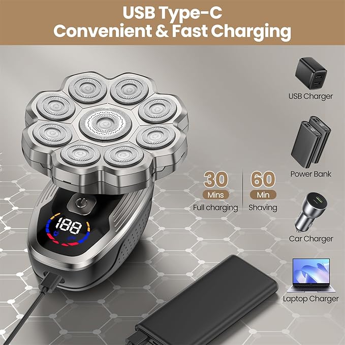 Head Shaver 9D Head Shavers for Bald MenElectric Razor IPX7 Waterproof for Men Skull Wet/Dry LED Display Rechargeable 360° Rotary Shaver Grooming Kit for Close Shaving with Type-C Charge