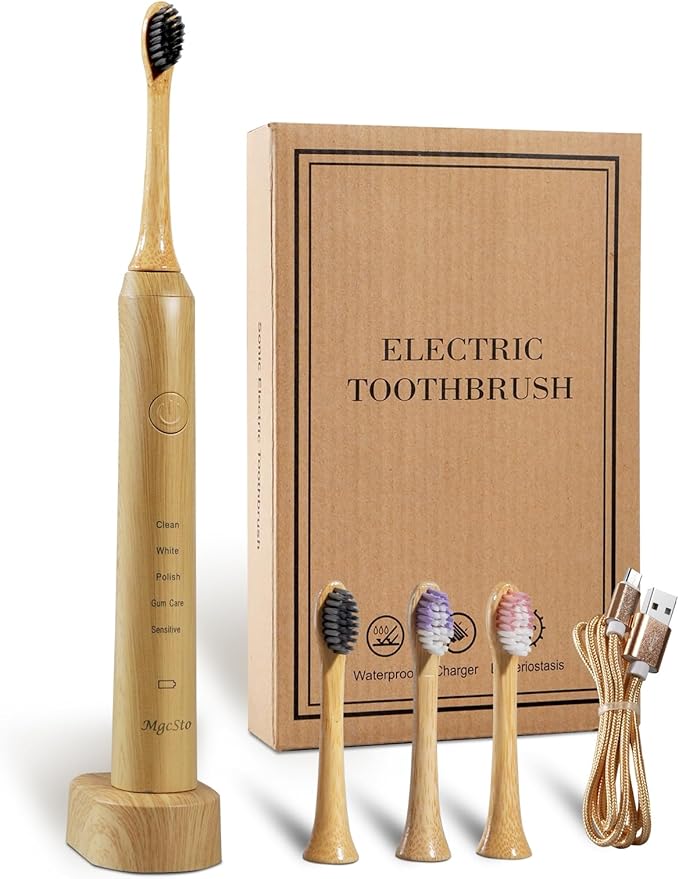 Sonic Bamboo Electric Toothbrush for Adults - Rechargeable Electric Toothbrush -4 Pack Bamboo Repalcement Brush Heads| 5 Cleaning Modes Long-Lasting Battery