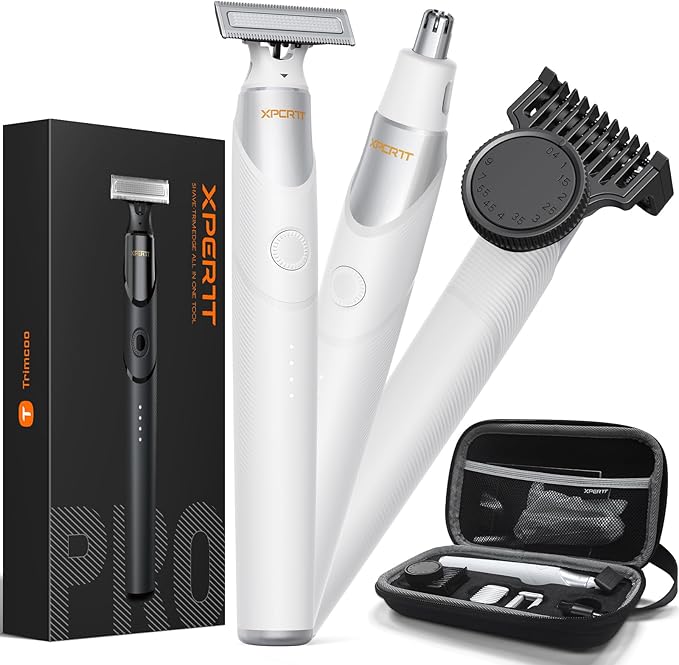 New Electric Beard &amp Nose Hair Trimmer Kit - Painless Razor with 12 in 1 Rotating Comb Magnetic Nose Hair Head Waterproof Wet/Dry Groin/Ball Shaver for Men USB-C Fast ChargingWhite(Pack)