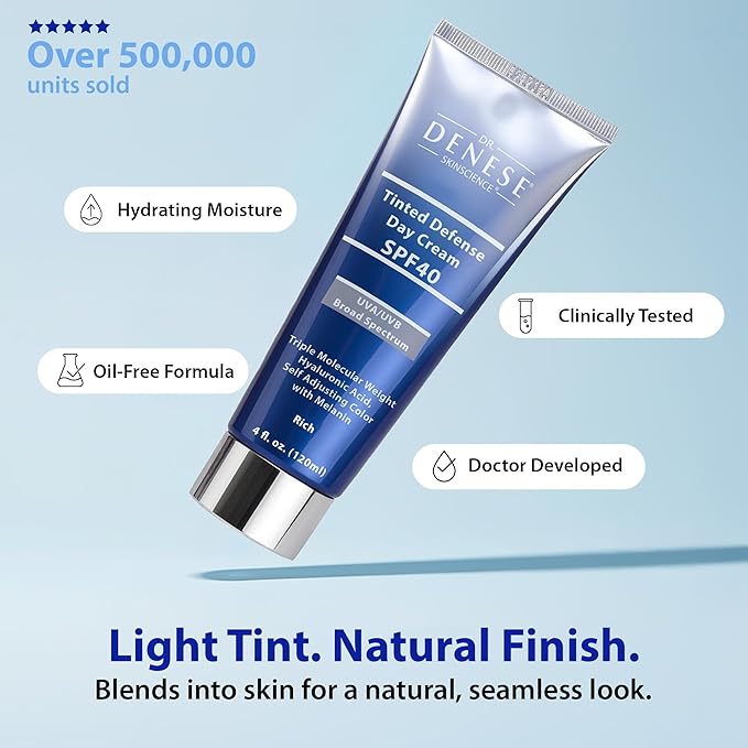 Dr. Denese SPF 40 Defense Day Cream (Rich) 4 oz – Tinted Moisturizer and Daily Sunscreen for Radiant Hydrated Skin – BB Cream with Antioxidants for Smooth Even Tone – Broad Spectrum SPF Protection