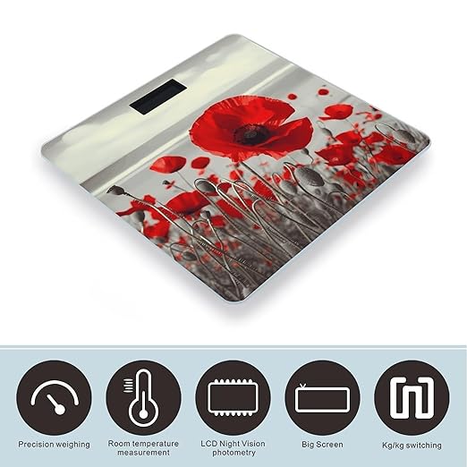 Red Poppy Flower Scale for Body Weight High Precision Digital Weight Scales with LCD Display Anti-Slip Sturdy Slim Tempered Glass Bathroom Scale for Home Use