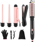 5-in-1 Curling Iron Set Including a Curling Brush Straightener and 4 Interchangeable Ceramic Curling Barrels Dual Voltage Comes with Gloves and Hair Clips (0.35–1.25 inches) Rose Gold