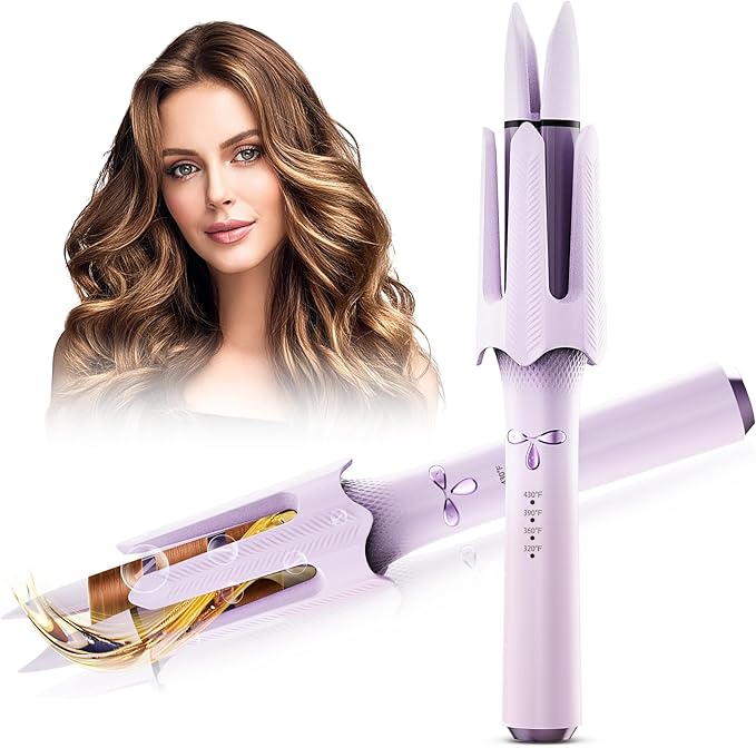 Auto Rotating Hair Curler - 4 Temperature and Timer Settings Automatic Curling Iron with Automatic Shut-Off Anti-Tangle and Scalding Curling Wand for Long Lasting Curls (Purple)