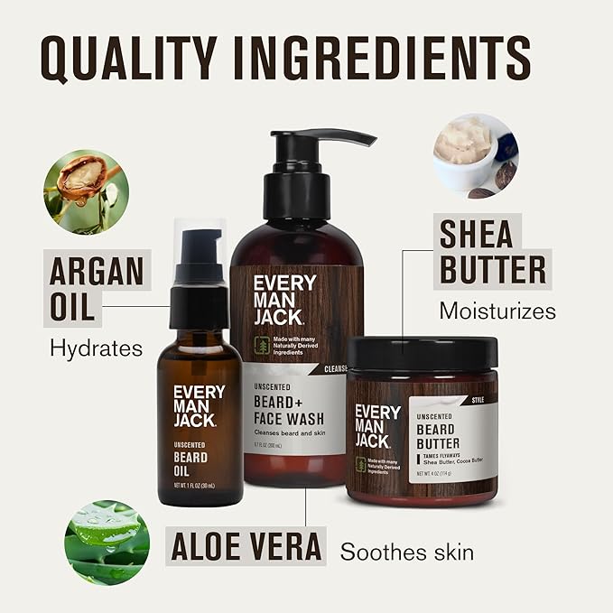 Every Man Jack Unscented Beard Bundle - Fragrance Free for Sensitive Skin - Contains (1) each of Beard &amp Face Wash Beard Butter and Beard Oil