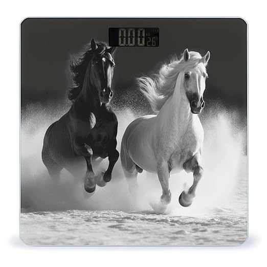 Black and White Horses Running Scale for Body Weight Safe Rounded Corners Tempered Glass Digital Bathroom Scale LED Display 400lb Capacity Weight Scales with High Precision Sensors