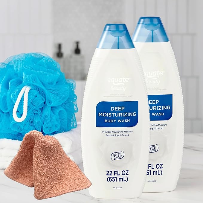 Equate Deep Moisturizing Body Wash 44 fl oz (2-Pack) with LeSue Washcloth (Assorted Colors)